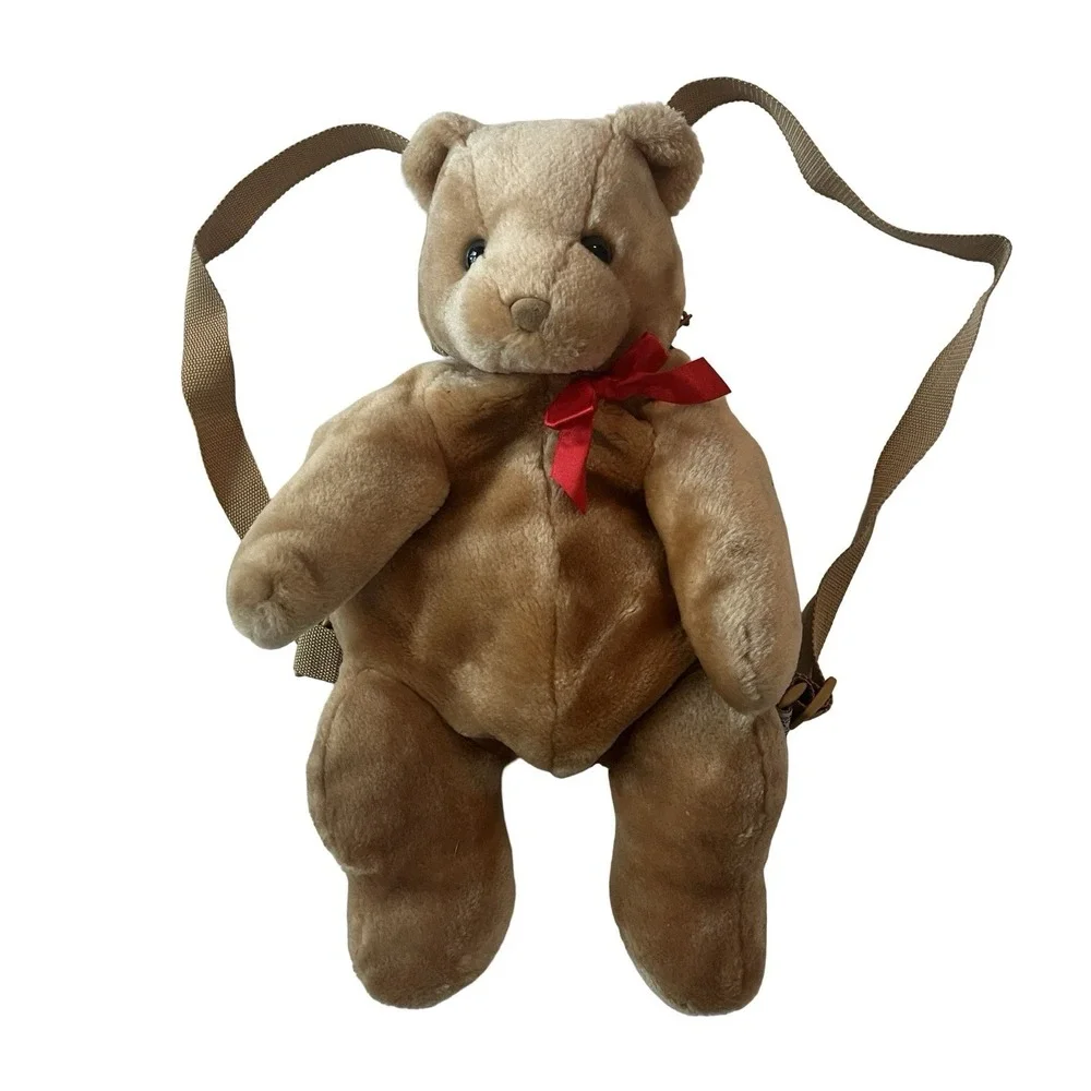 VTG Teddy Bear Backpack Children's Ribbon Red Adjustable Tan